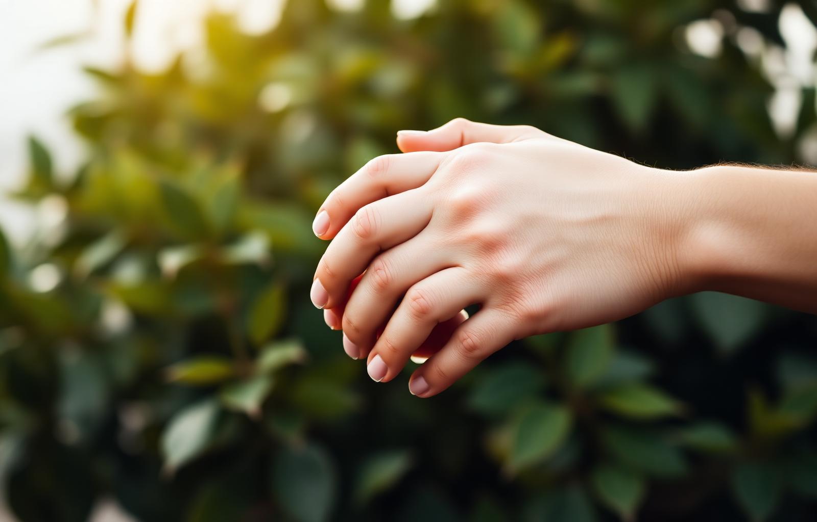 Duas mãos adultas dadas com delicadeza, sob luz natural, em um gesto sereno de apoio