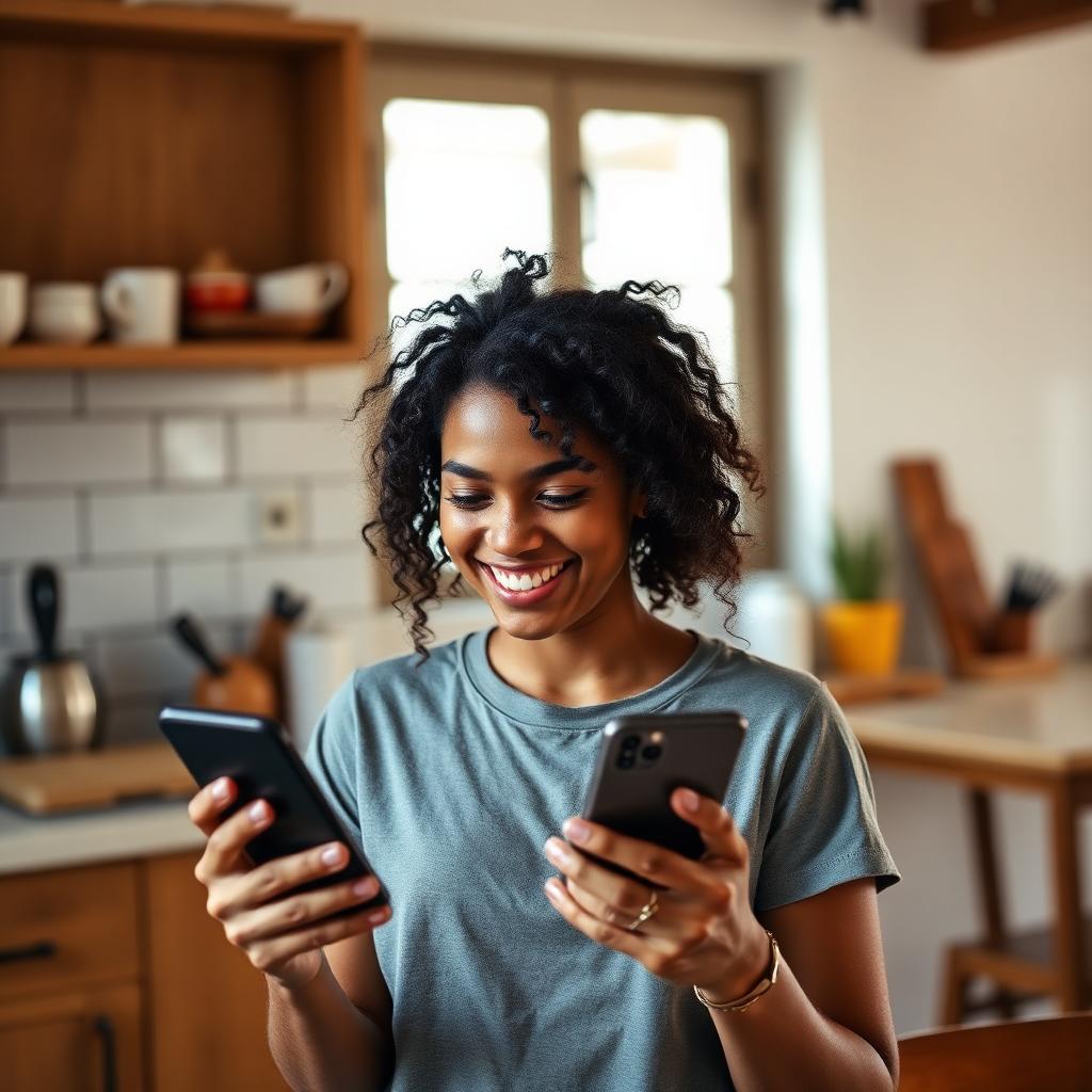 Jovem sorrindo no celular em um ambiente leve e cotidiano